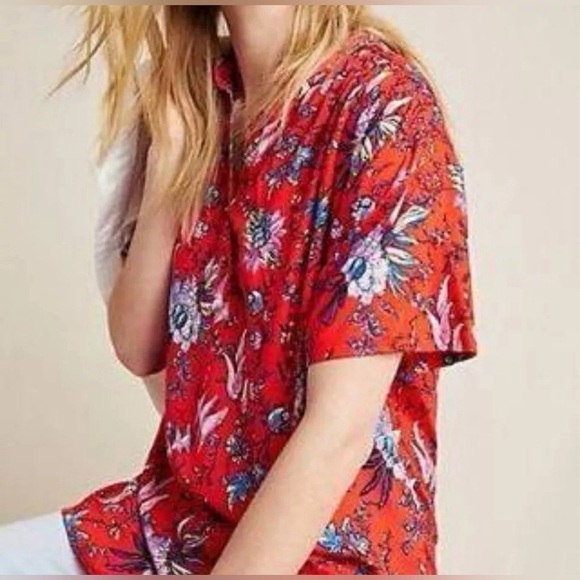 Anthropologie Maeve Windham Bright Red Floral Tunic Size Medium - Picture 2 of 10